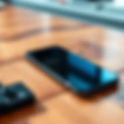 A close-up of the Solana Seeker phone placed on a wooden table, showing its sleek design and screen.