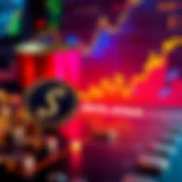 A graphic showing Solana tokens with a chart indicating growth in returns from staking, alongside a visual representation of deflationary trends in the cryptocurrency market.