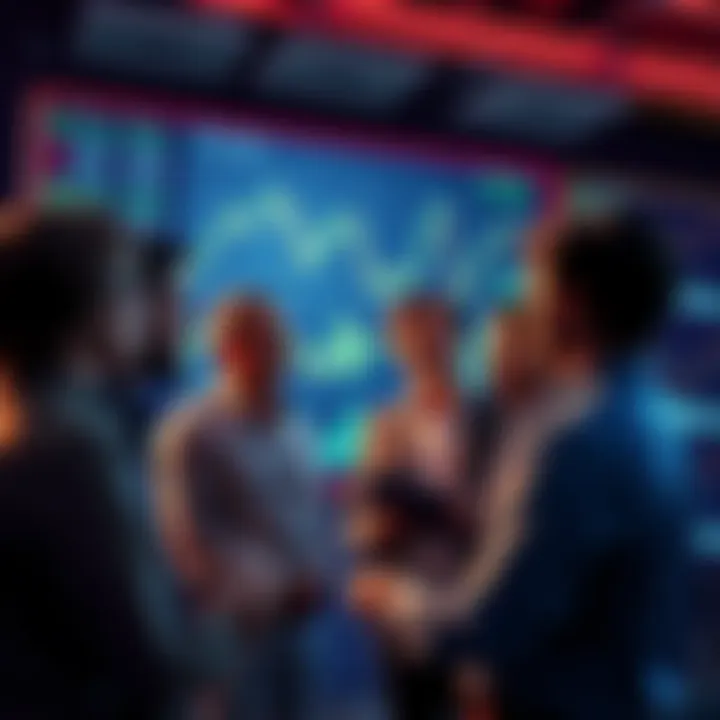 A group of people engaged in a conversation about Solana's potential to tokenize stocks, with charts and graphs in the background.