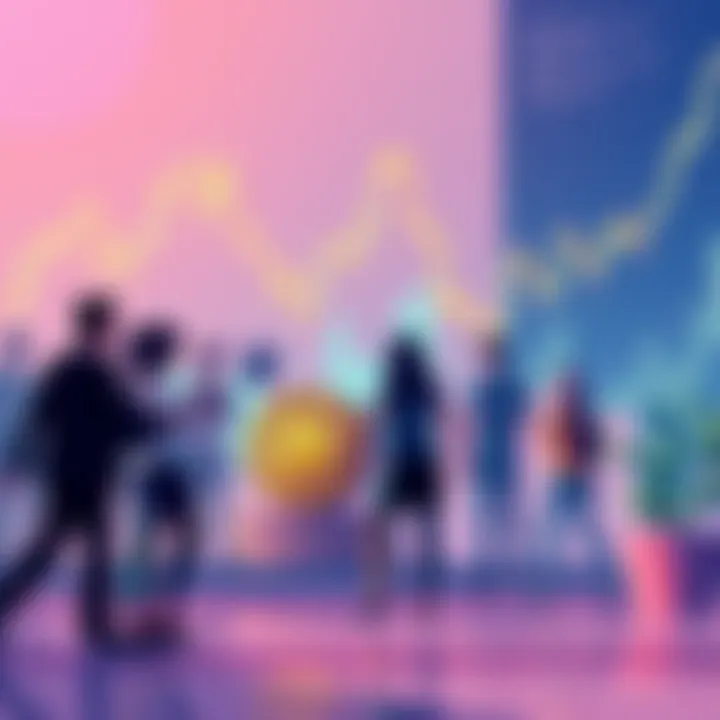 Solana trading concept An illustration of people engaging in trading Solana, with graphs and coins representing Solana in the background, highlighting its use as a tradable asset rather than a currency.