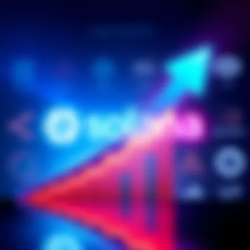 A graphic showing the Solana logo with a bold upward arrow symbolizing a surge in transactions, compared to other blockchain logos in the background.