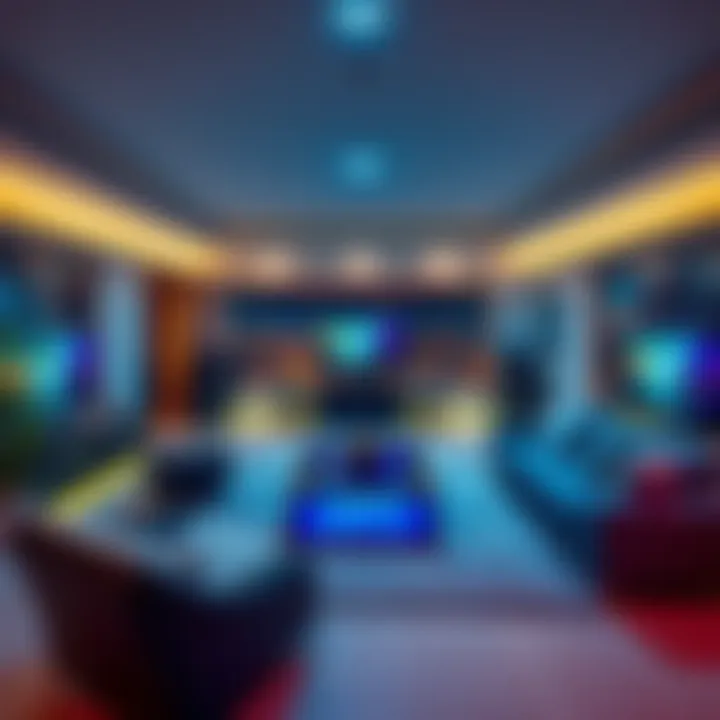 A modern gaming room in a Solana-inspired villa featuring sleek furniture and high-tech gaming equipment