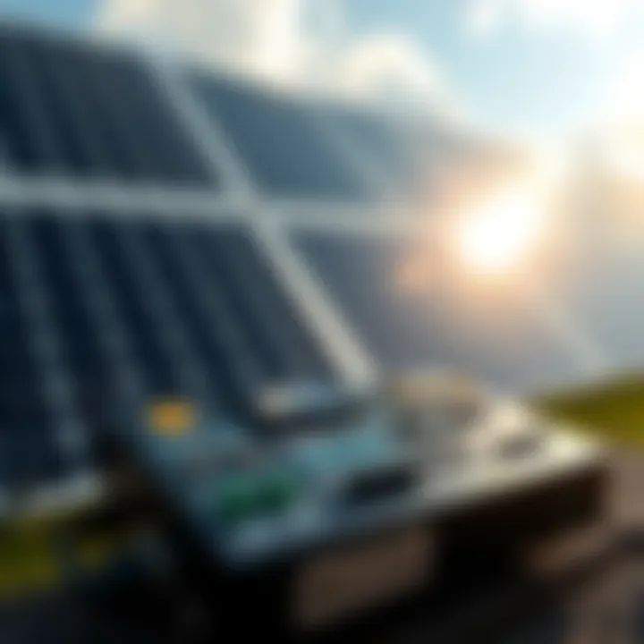 A solar-powered controller for Bitcoin mining with solar panels in the background and a digital display showing mining activity.