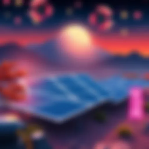 Illustration showing solar panels powering GPU mining rigs and AI servers in a Japanese landscape