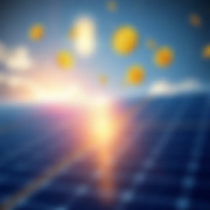 Solar panels powered by sunlight with digital currency symbols floating above, representing the connection between renewable energy and decentralized finance.