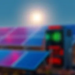 A solar panel array next to a computer setup for cryptocurrency mining, illustrating the connection between solar energy and crypto mining operations.