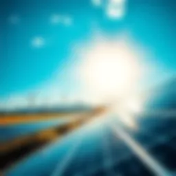 A sunny landscape featuring solar panels and wind turbines, showcasing renewable energy generation.