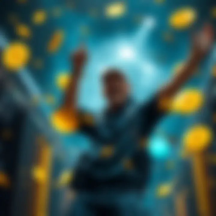 A solo bitcoin miner celebrating after winning $265,000 by successfully mining a block, showcasing excitement and achievement.