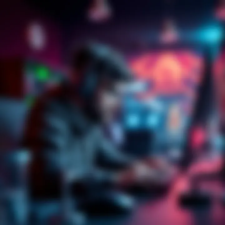 A solo game developer focused on coding at their desk, surrounded by game design elements.