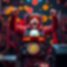 A solo miner happily celebrating after successfully striking a Bitcoin block and earning $264,558, surrounded by mining equipment and Bitcoin symbols.