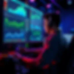 A person sits in front of a computer, focusing on cryptocurrency mining with charts and graphics on the screen, representing solo mining efforts