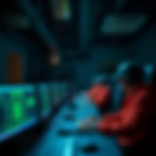 A group of solo miners focused on their computer screens in a dimly lit room, showcasing the individualistic approach to cryptocurrency mining.
