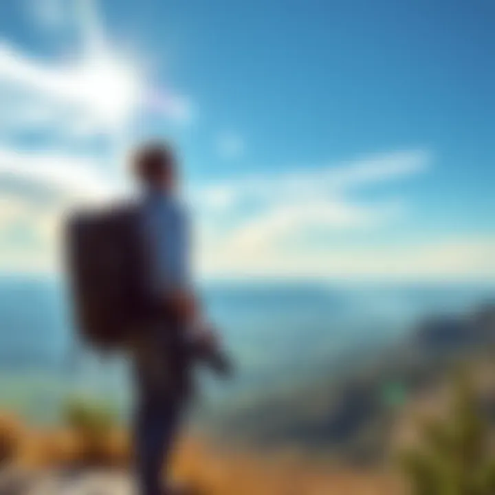 A solo traveler stands on a scenic overlook, enjoying the view with a backpack and camera in hand