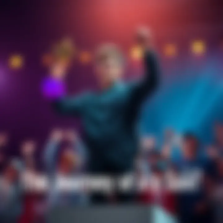 A young man celebrating his achievements with a smile, standing proudly on a podium. He holds a trophy in one hand and raises a fist in victory with the other hand. The background shows a cheering cro...