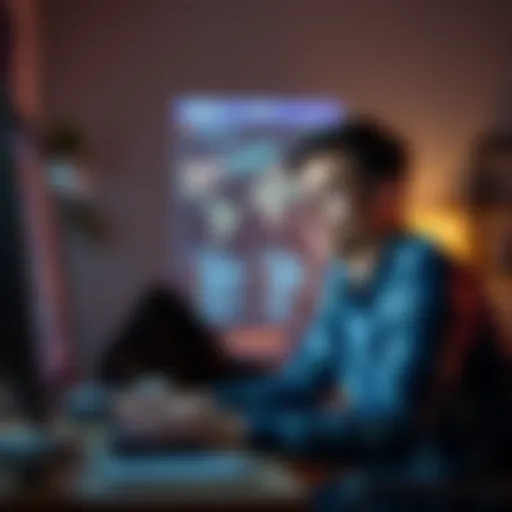 A young man sits at a desk, looking at a computer screen with a worried expression, searching for his father's digital assets.