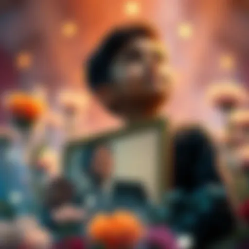 A son holding a framed photo and looking up with tears in his eyes, surrounded by flowers, during a heartfelt tribute to his Aura.