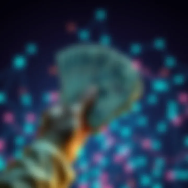 Graphic showing a person holding dollar bills with digital nodes in the background, symbolizing the fundraising for Sophon Network.