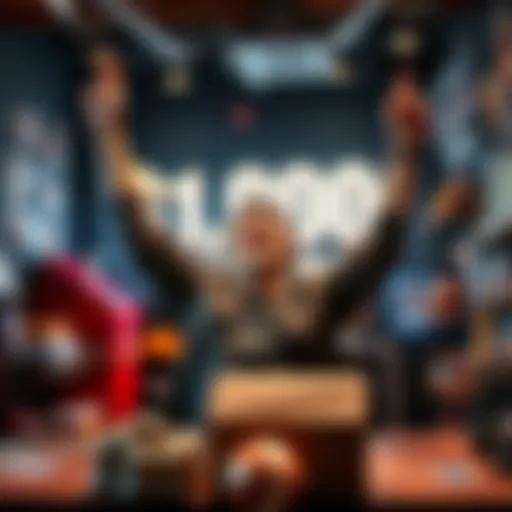 A person celebrating a $1,000 profit from a Sorare Set in a sports trading environment, surrounded by sports memorabilia and trading cards