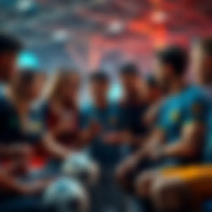 A group of diverse people discussing strategies for the Sorare World Cup team, showcasing teamwork and excitement