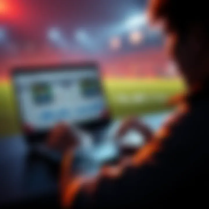 SorareMaster Lineup Builder in action A player using the SorareMaster Lineup Builder on a laptop to create a football team, displaying graphs and player stats on the screen