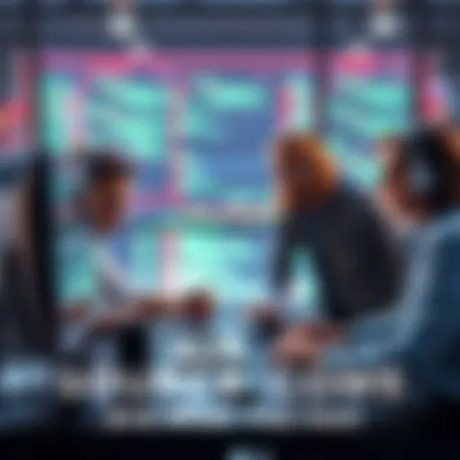 A team collaborating on source code at a computer, discussing ideas and innovations
