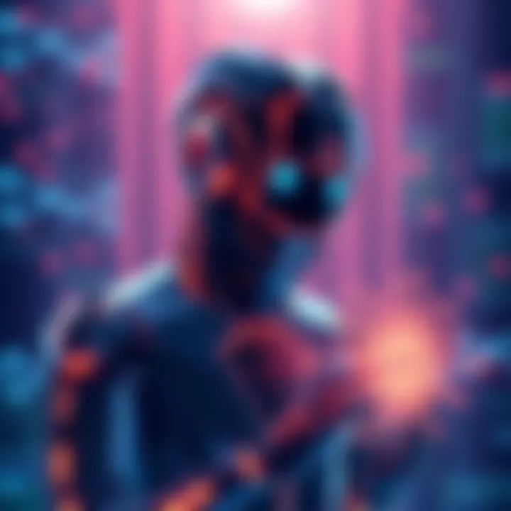 An illustration showing a futuristic AI agent interacting with a digital representation of the Kaspa network, symbolizing the connection between AI technology and blockchain.