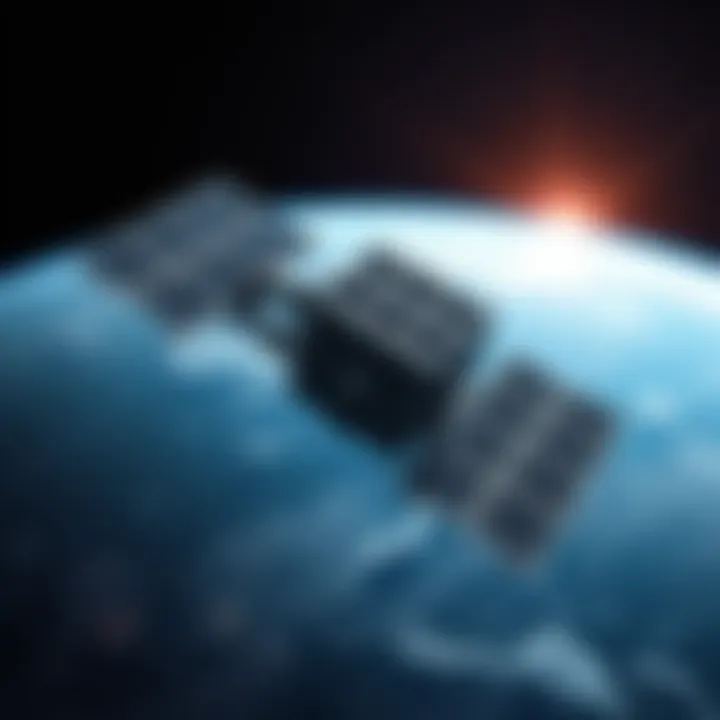 A futuristic space scene showing a data center in orbit around Earth, with solar panels capturing sunlight for energy, symbolizing Bitcoin mining in space.