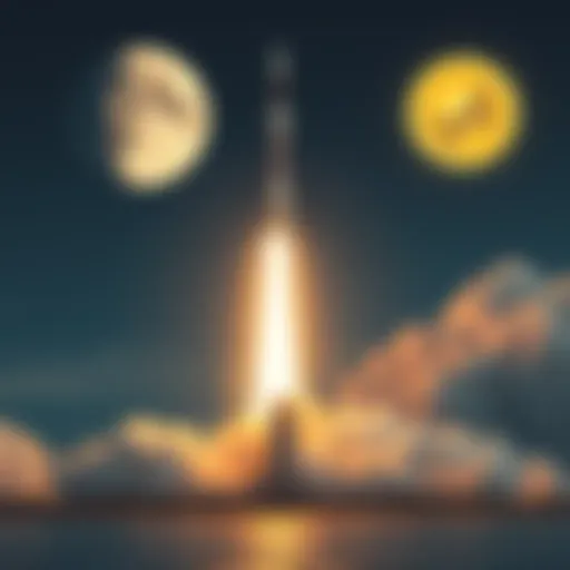 A SpaceX rocket launching with a cartoonish Dogecoin symbol heading toward the moon