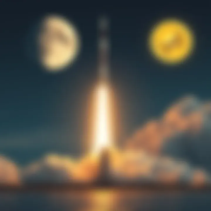 A SpaceX rocket launching with a cartoonish Dogecoin symbol heading toward the moon