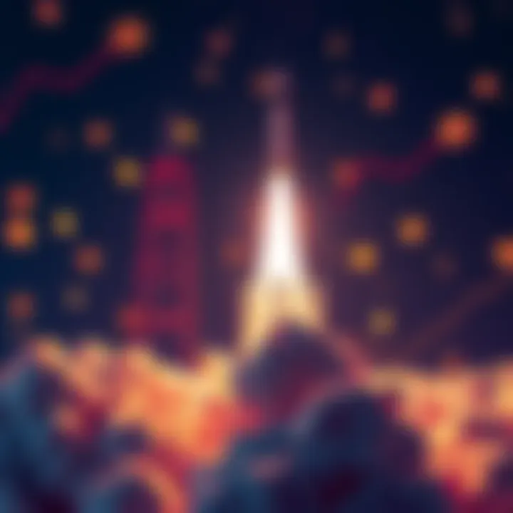 SpaceX rocket launching with a backdrop of digital currency symbols