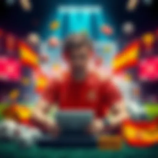 A person placing bets on Spain for the FIFA World Cup, surrounded by sports betting symbols.