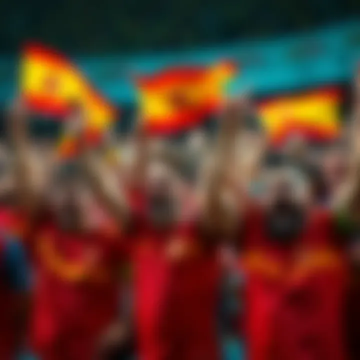 Spain Fans React to Match Decisions Group of passionate Spain football fans expressing disbelief after a recent match, holding flags and wearing team jerseys.