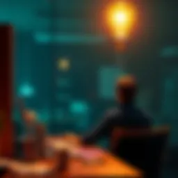 A person sitting at a desk with a light bulb shining above their head, symbolizing a moment of creativity and insight.
