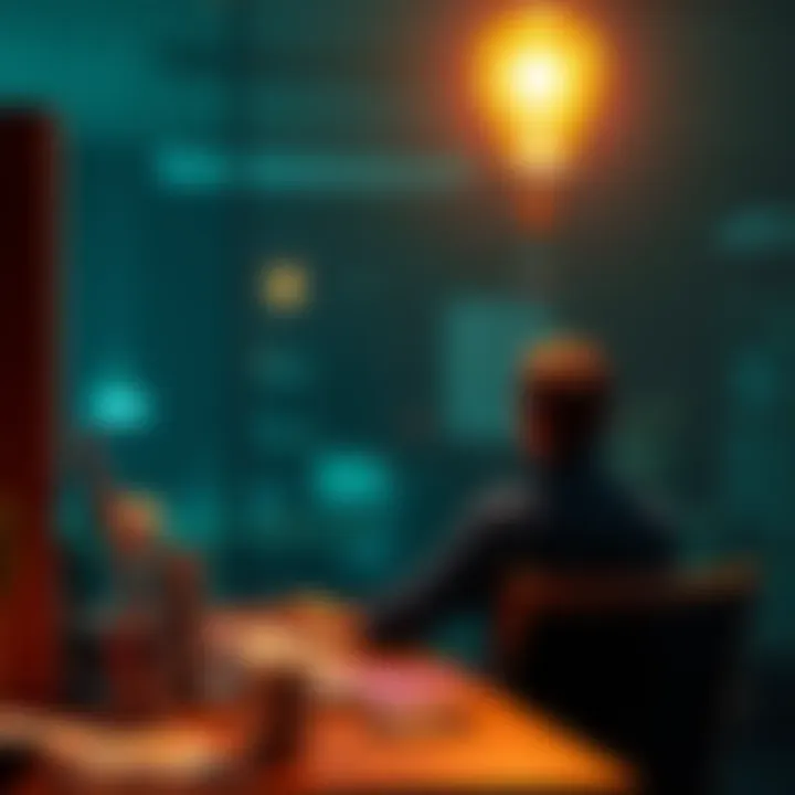 A person sitting at a desk with a light bulb shining above their head, symbolizing a moment of creativity and insight.