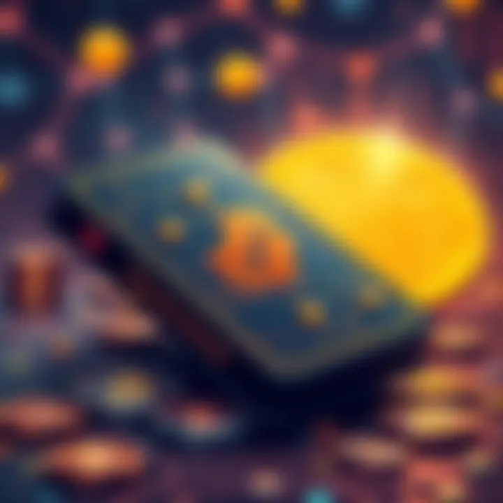 Illustration of a digital wallet with Bitcoin icons and a seed phrase concept