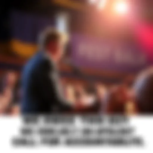 A speaker addressing a crowd with a microphone, emphasizing the need for accountability