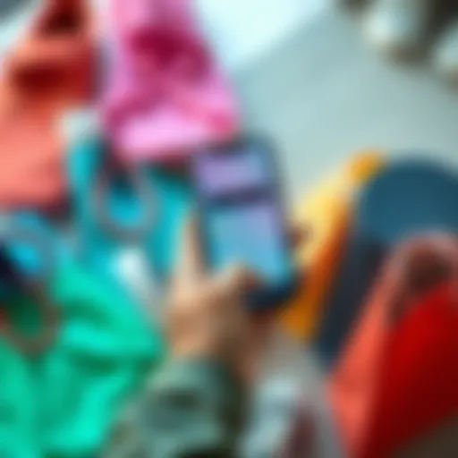 A person holding a phone showing the Sweatcoin app with rewards options on the screen next to fitness gear and shopping bags.