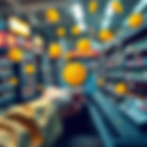 A person using a crypto debit card at a store checkout, surrounded by cryptocurrency symbols and declining dollar bills.