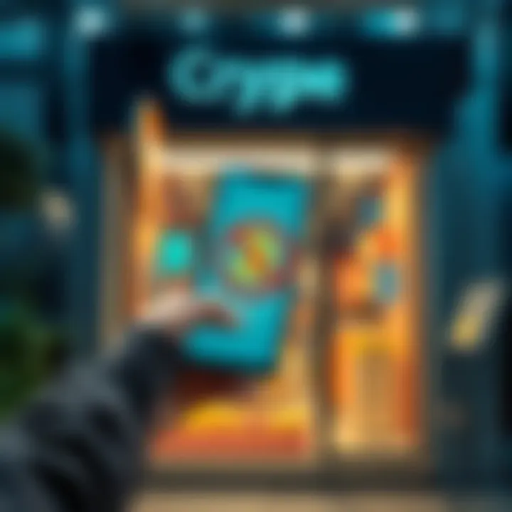 Spending Crypto Challenges A person holding a smartphone displaying cryptocurrency while looking at a storefront that doesn't accept crypto payments