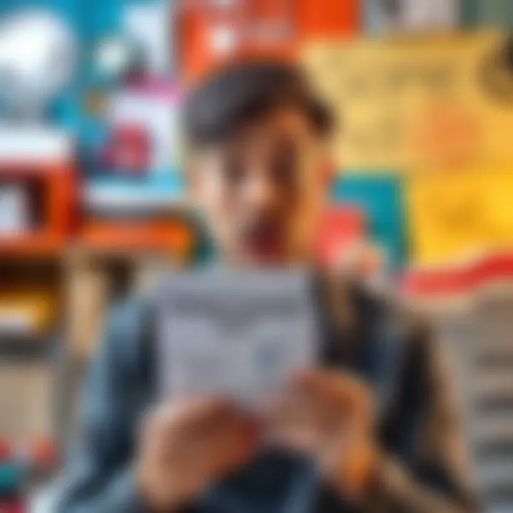 A person looking surprised while holding a sperm donor brochure, surrounded by office supplies and a colorful backdrop.