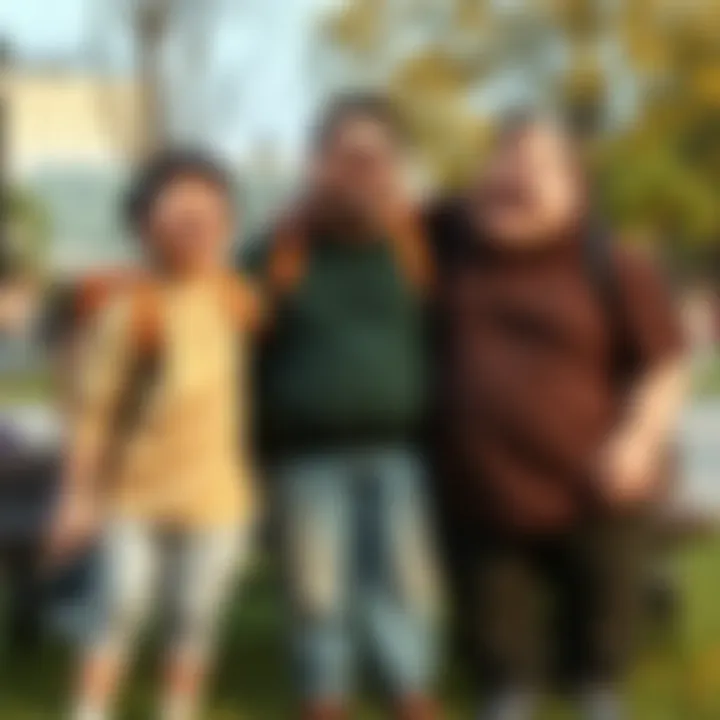 A young person, Spoonkid, laughing with two larger friends at a park, showcasing their friendship and comfort together.