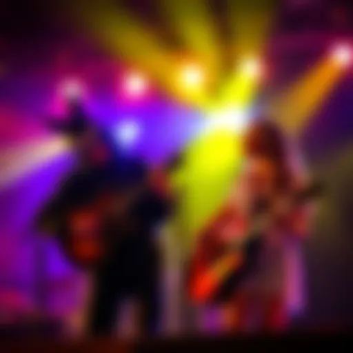 Spoonkid and Phoebe Bridgers on stage together, sharing a microphone with instruments in hand, vibrant lights setting the mood