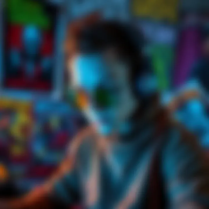 Spoonkid listening to music with headphones, surrounded by posters of Death Grips and vibrant artwork related to the band