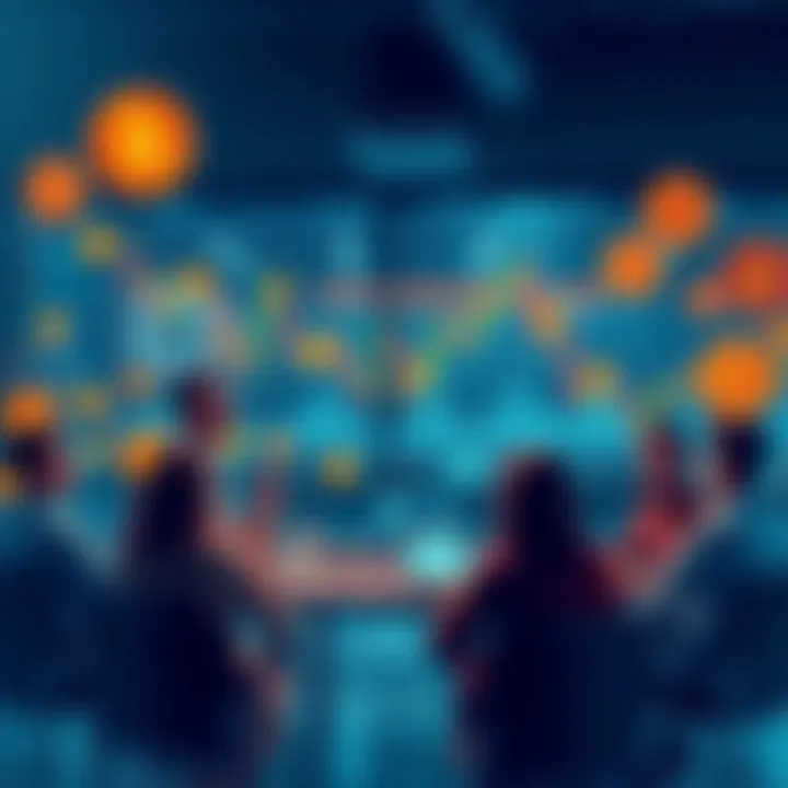 A group of people engaging in a discussion about spot crypto trading firms, with charts and crypto icons around them.
