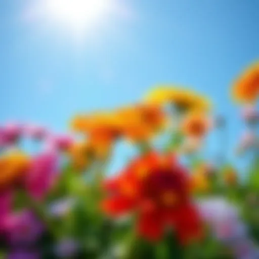 Colorful flowers in bloom under a clear blue sky with sunlight shining through the petals.