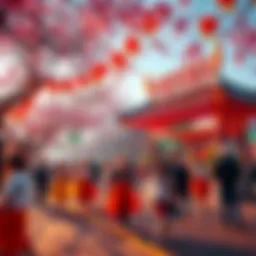 A vibrant spring festival with people dancing and colorful decorations in a park.