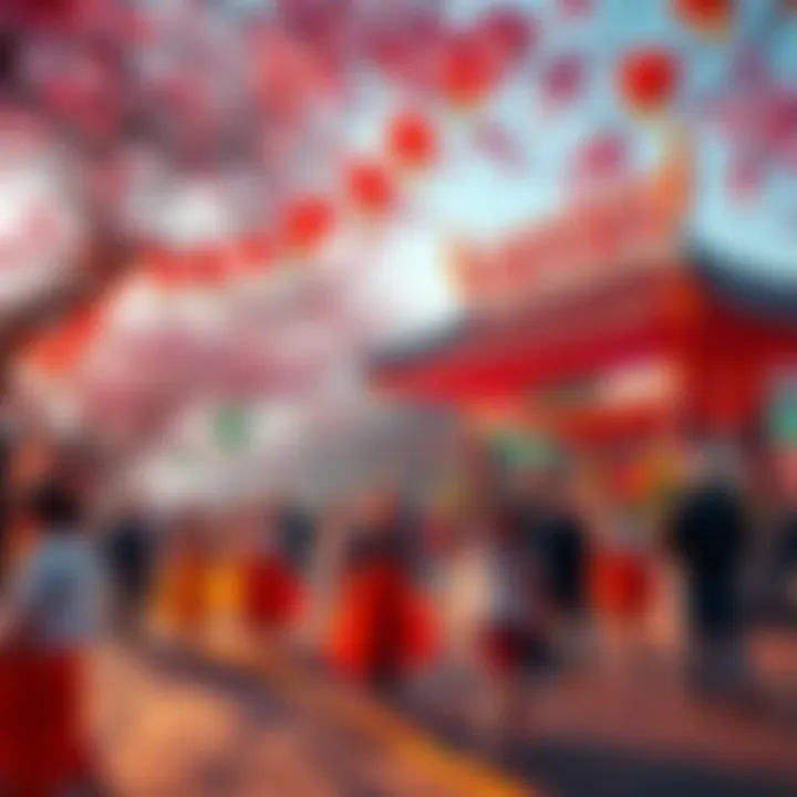A vibrant spring festival with people dancing and colorful decorations in a park.