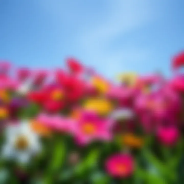 Colorful spring flowers in bloom with a bright blue sky