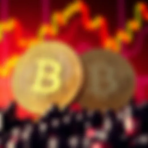 A digital rendering of the SPX6900 coin symbol alongside the Bitcoin symbol, showcasing their contrasting designs in a vibrant crypto market background.