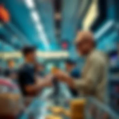 Square merchant accepting Bitcoin payments A busy store with a merchant processing a Bitcoin payment, showcasing the growing acceptance of cryptocurrency in everyday transactions.